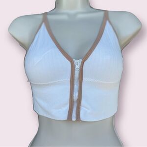 White and Brown Zip Up Crop Top